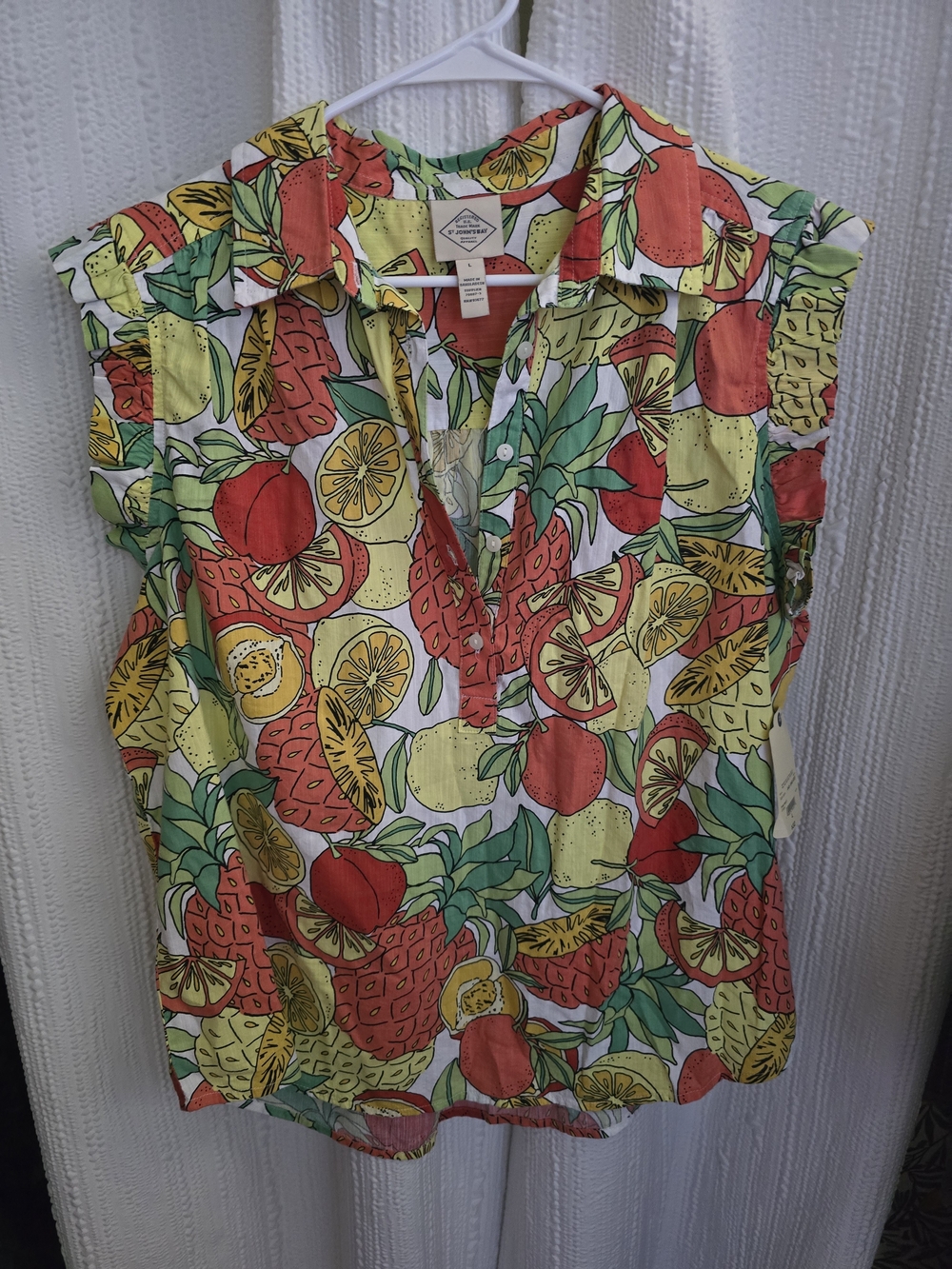 Women L St. John'sBay Tropical Fruit Print Cap Sleeve Blouse - RedYellow & Green
